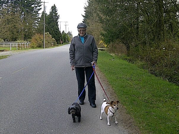Doreen walking two dogs 2011