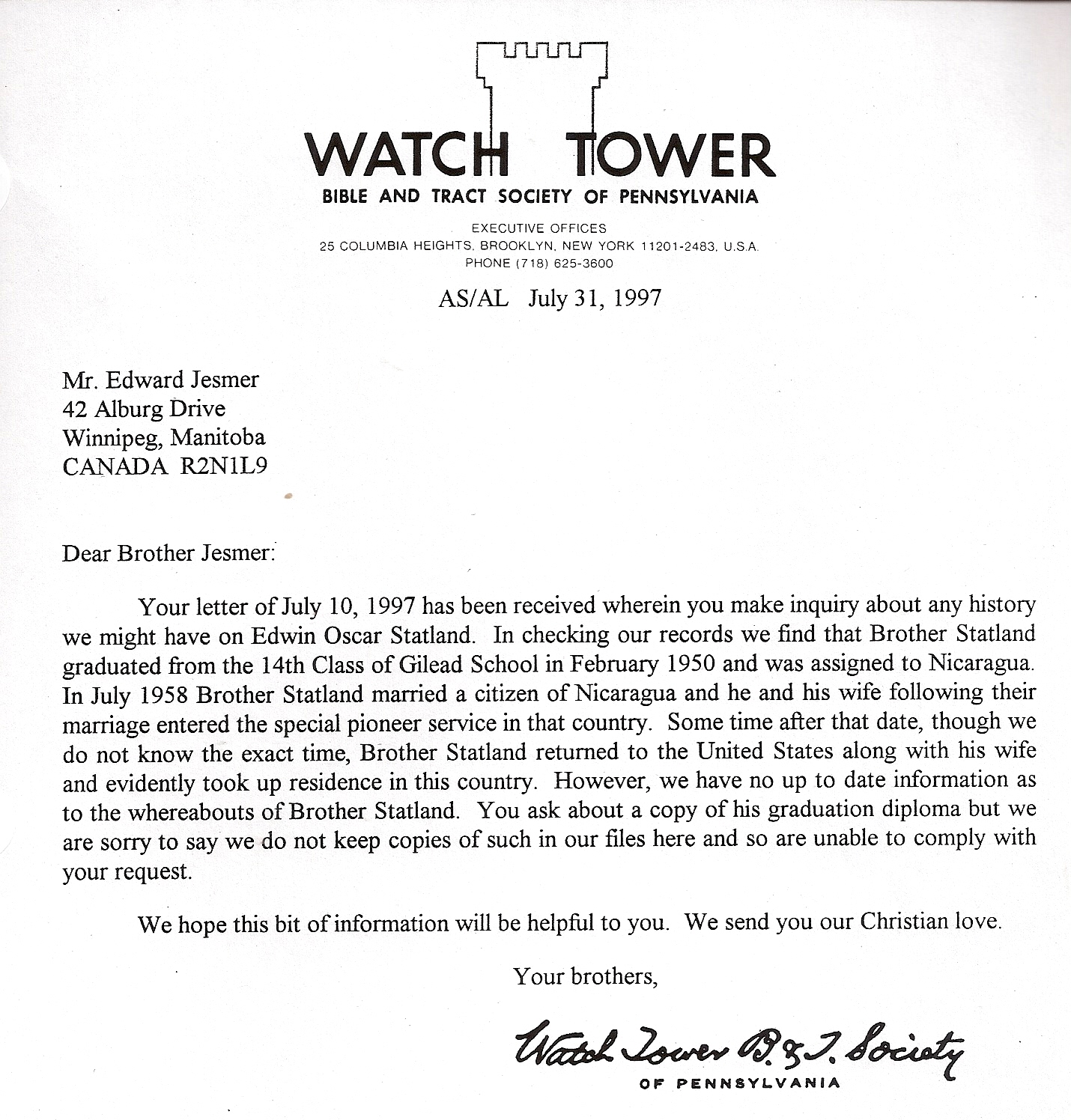 Watchtower letter