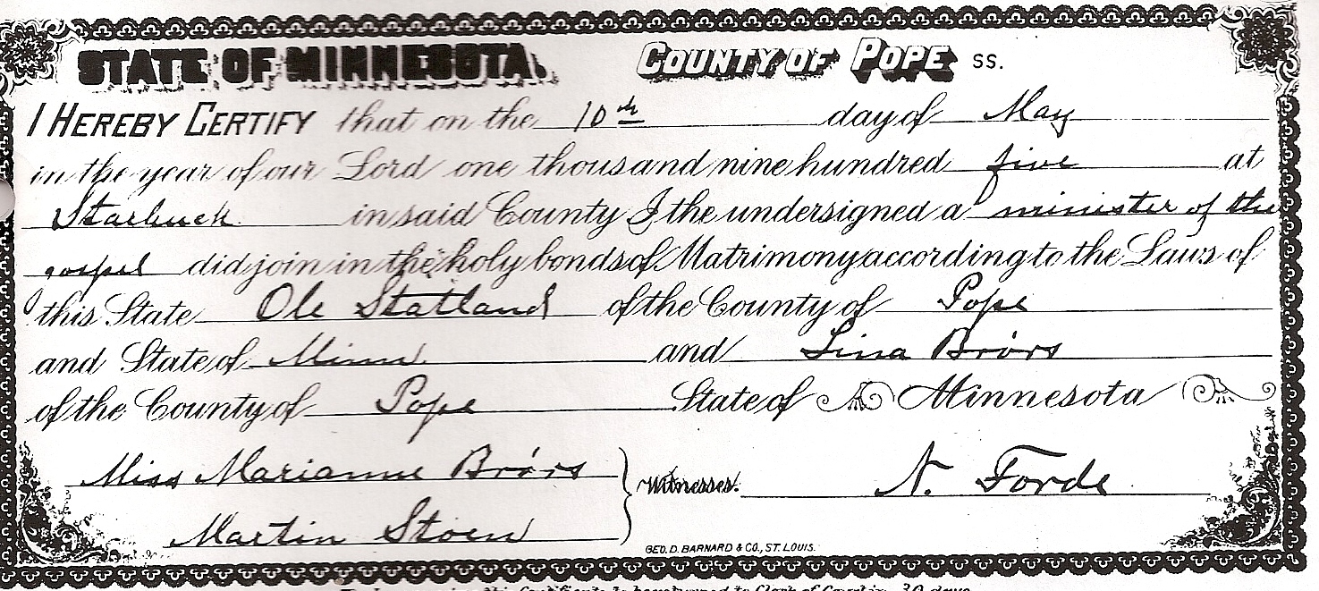 marriage license -ole and lina