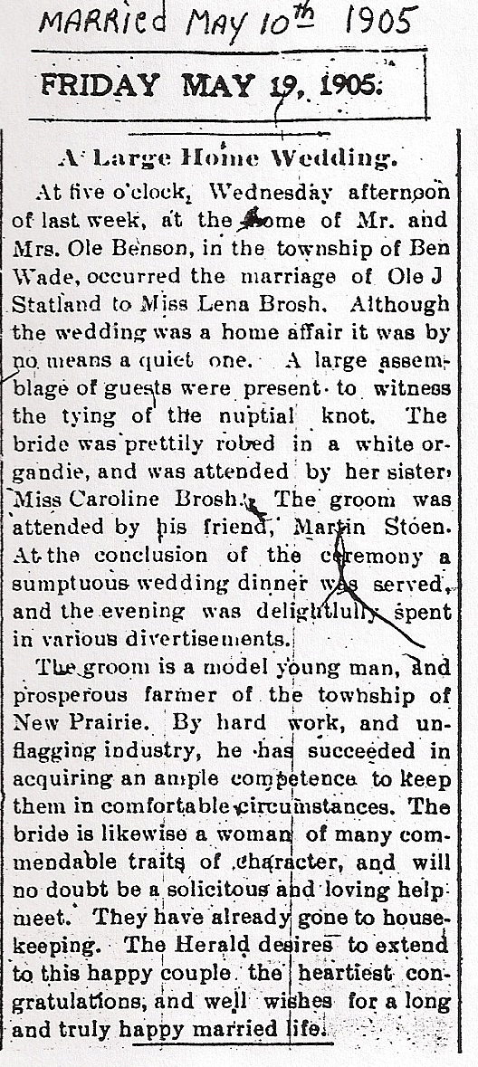 ole statland wedding newspaper
