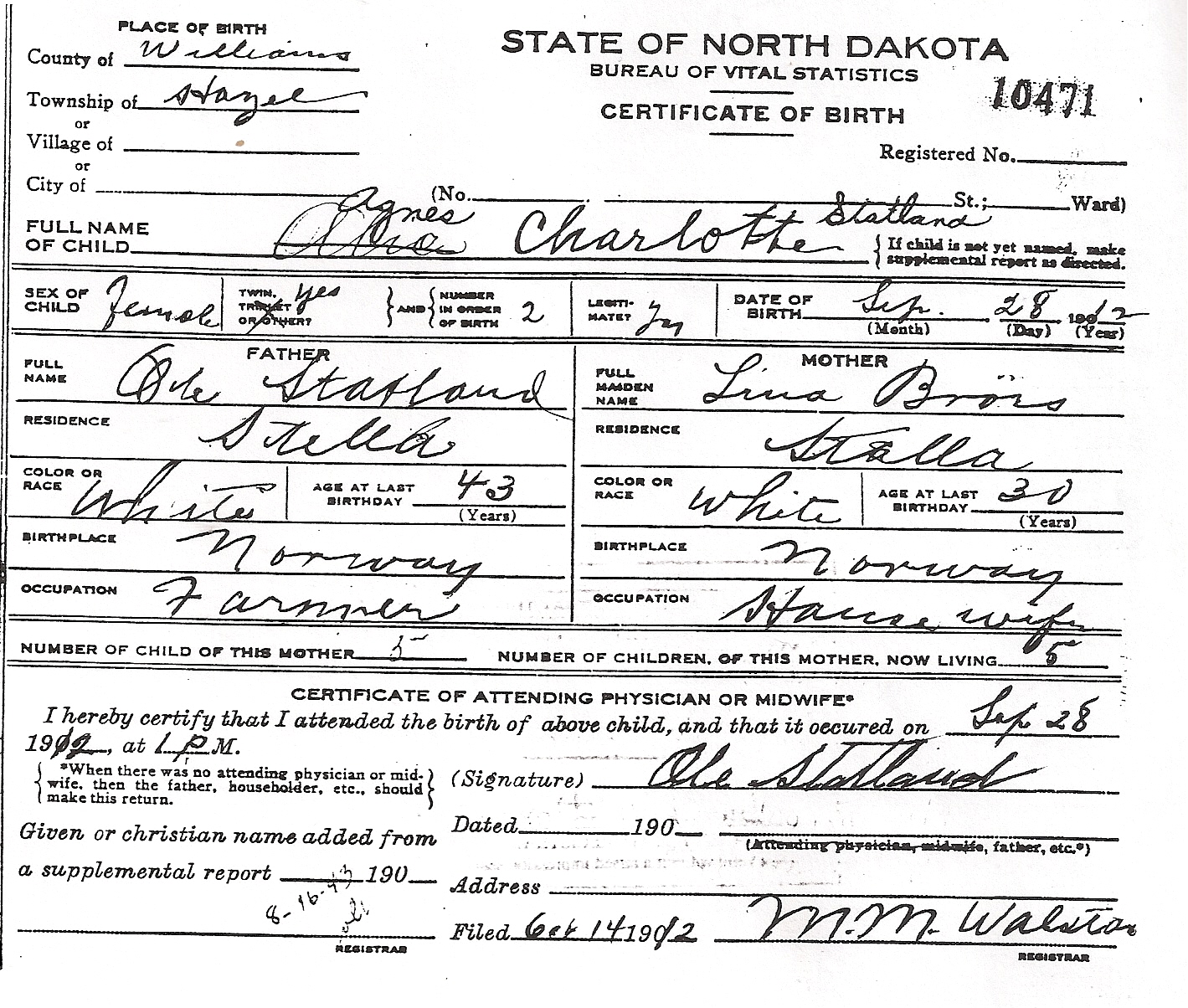 Agnes Statlands birth certificate