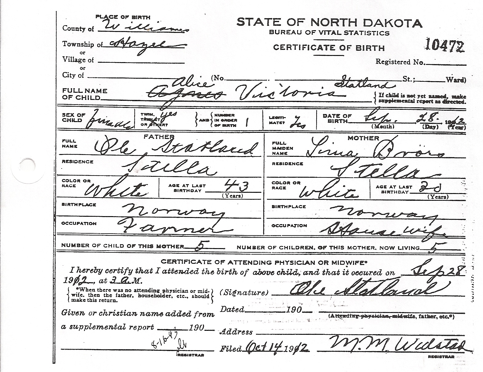 birth certificate of Alice