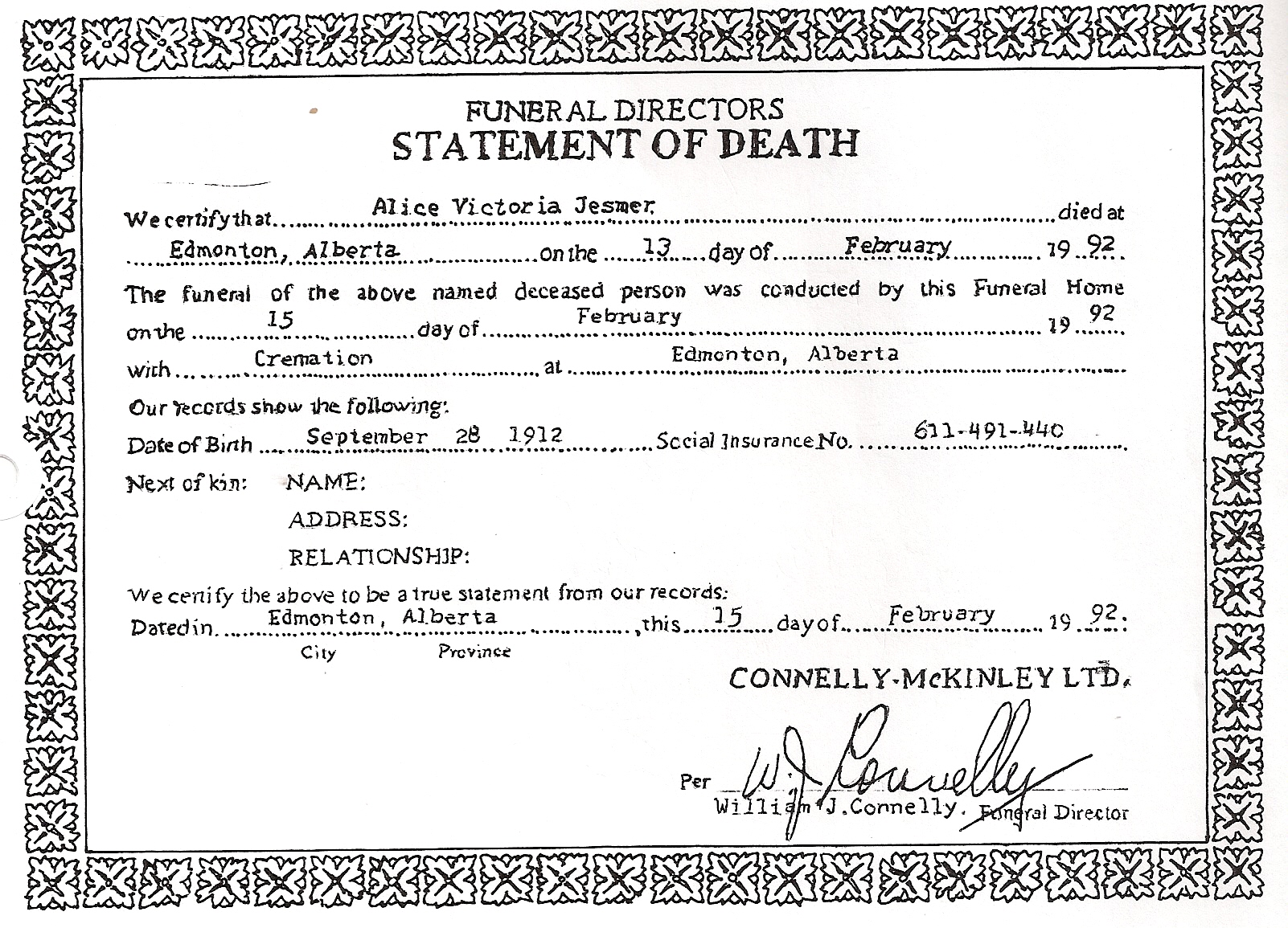 death certificate of Alice
