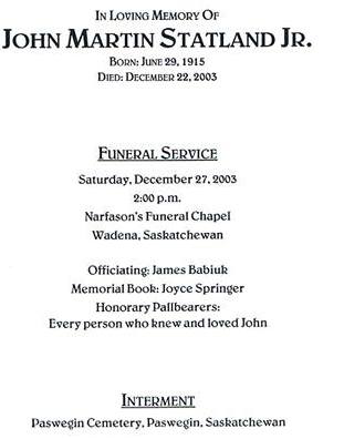 funeral info-John martin Statland Jr
