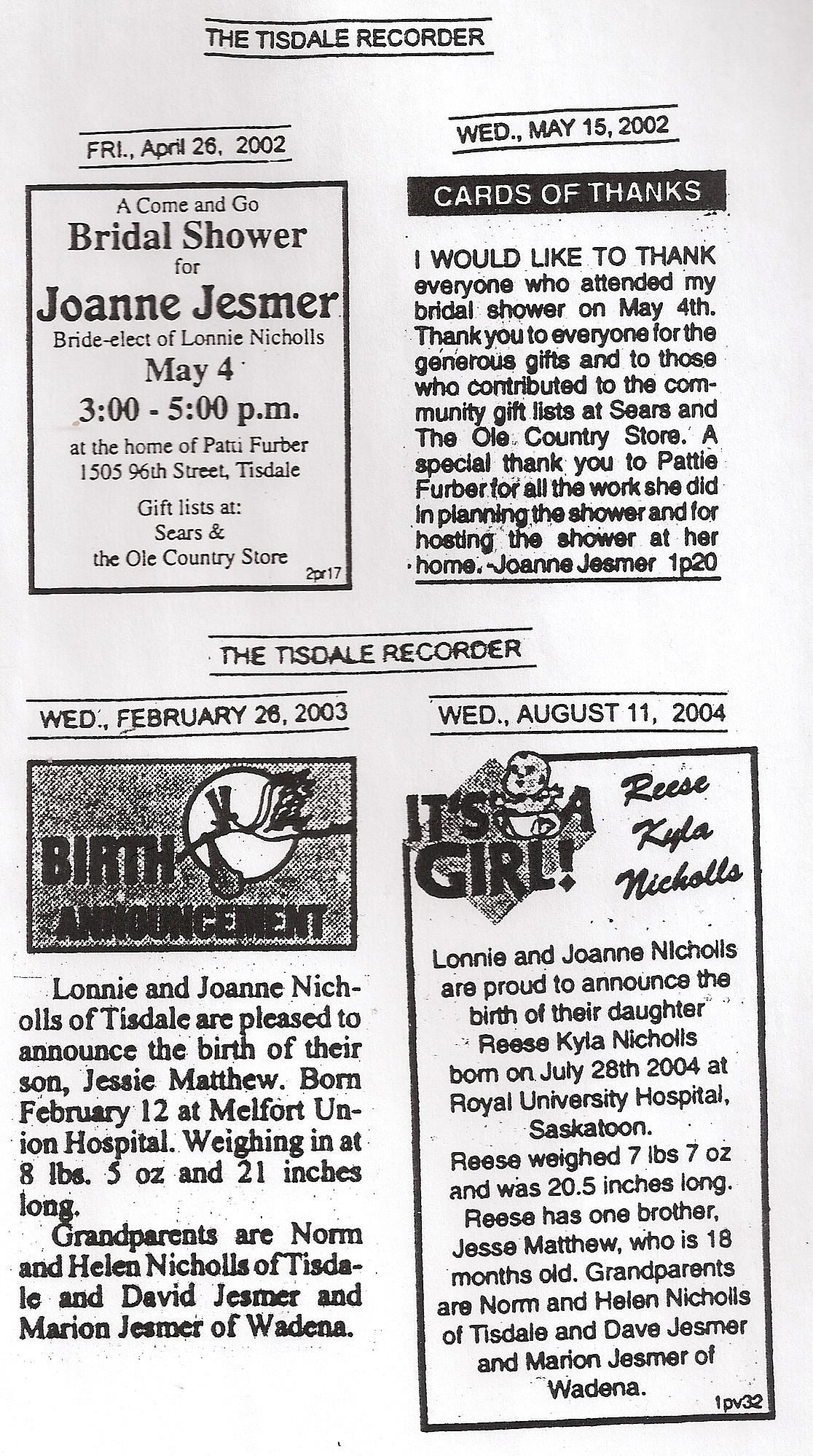 Joannas bridal shower and birth announcemts 2002