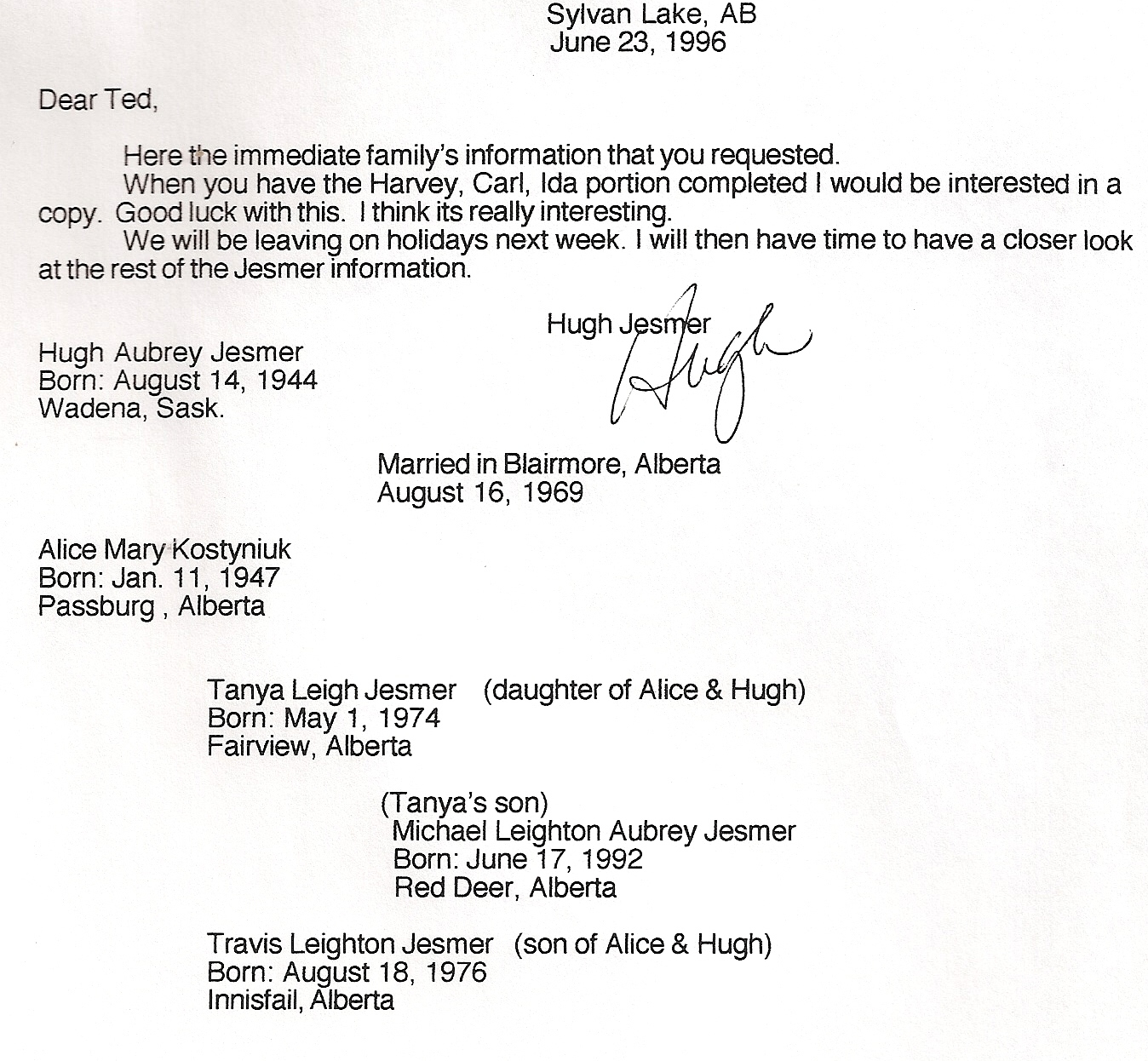 family info written by Hugh 1996