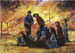 family huddling in field