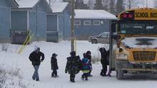 school kids in bus in winter