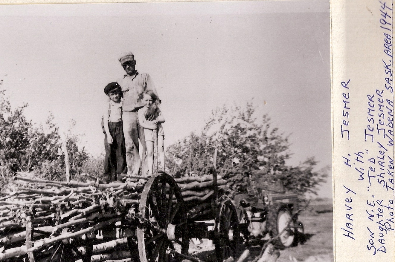 harvey Ted and Shirley on wood wagon 1945