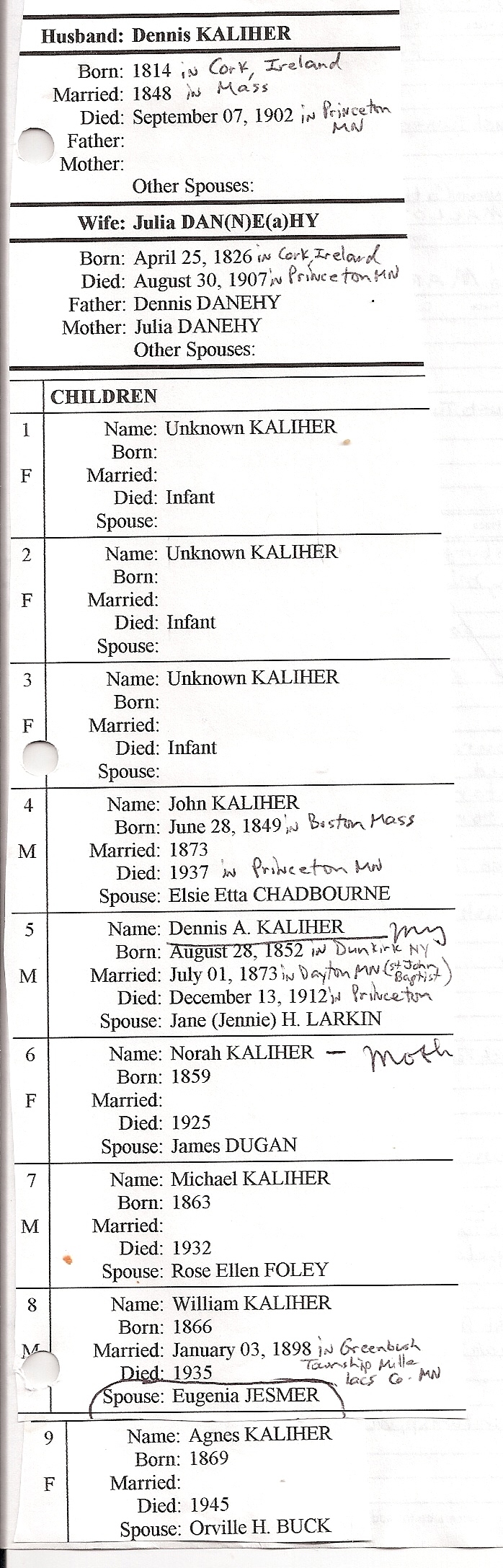 Dennis and Julia Kaliher info sheet 2