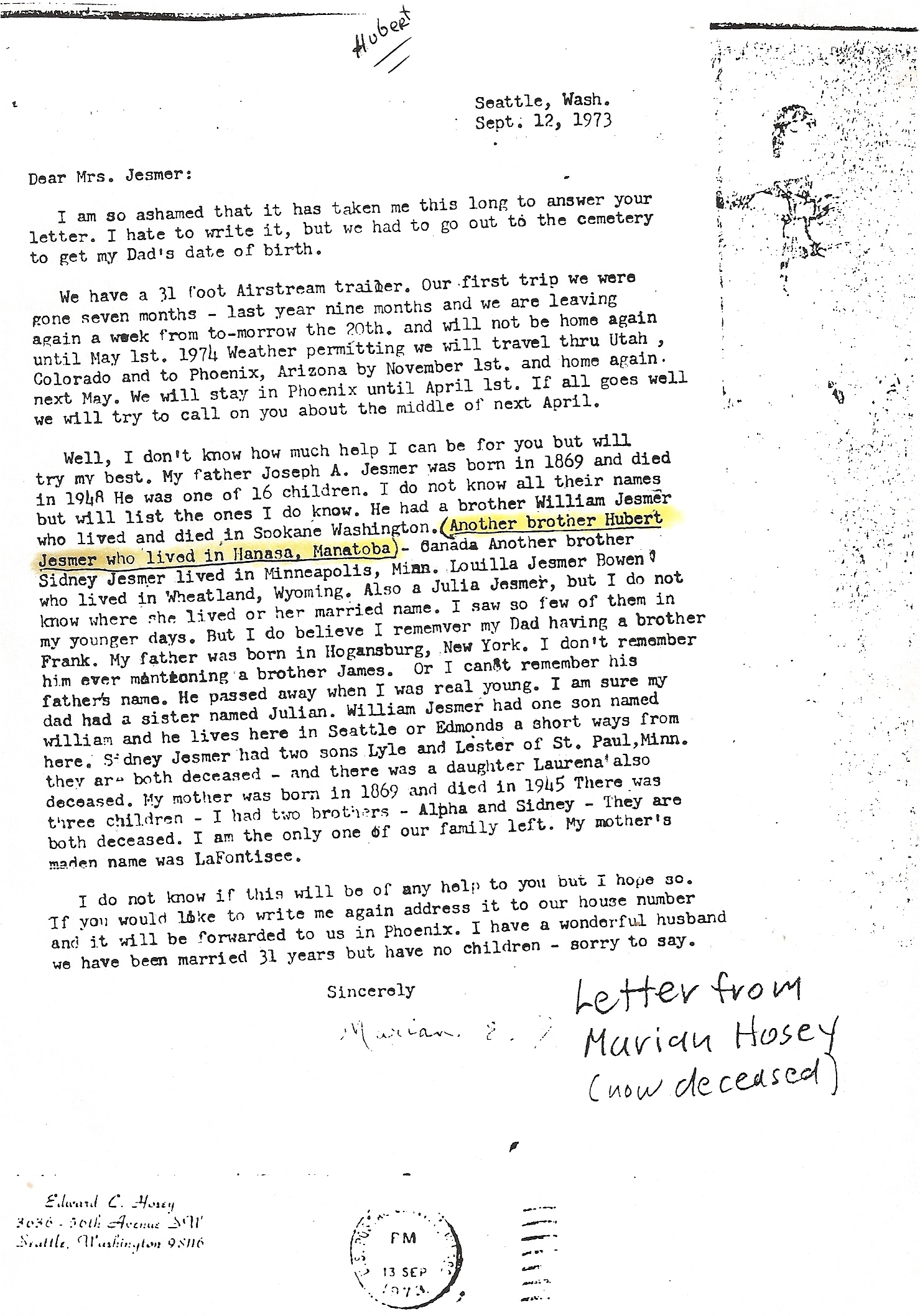 marian hosey letter