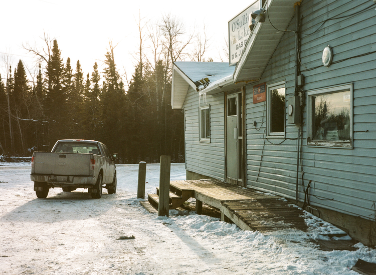 the O'sullivan Lake Gas Bar is the only business in town and sells a variety of foods and supplies, including hunting traps.
